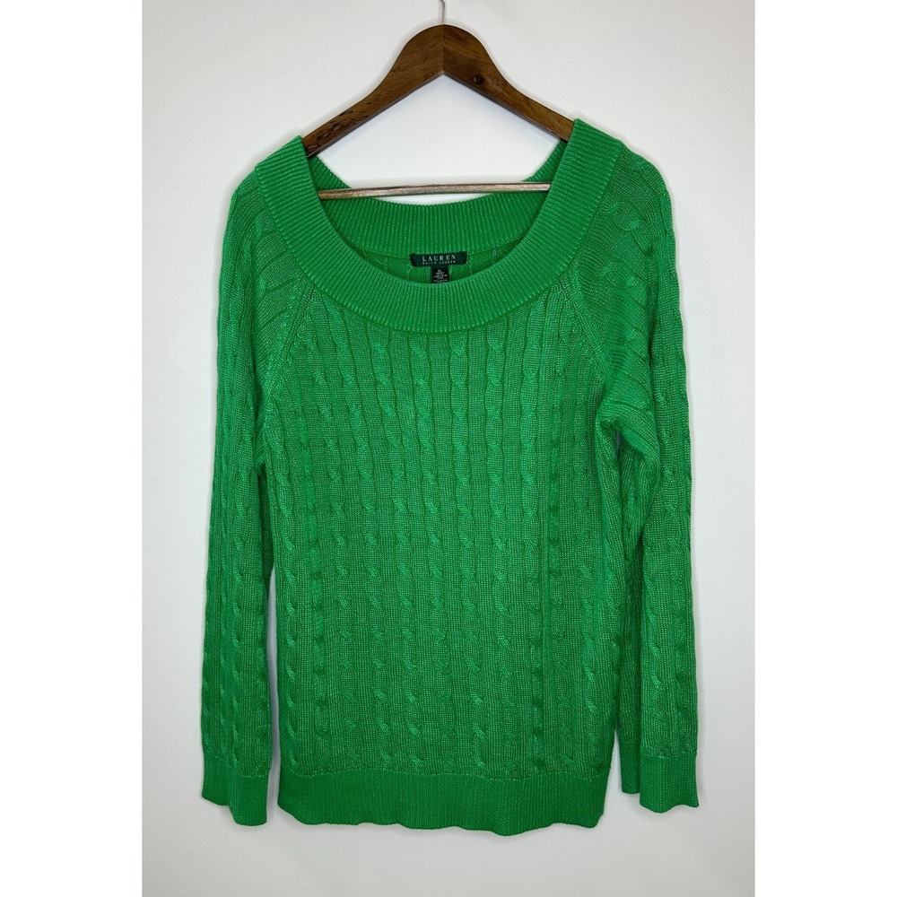 Lauren Ralph Lauren Cable Knit Wide Neck Cotton Blend Sweater XL Holiday Green - Picture 2 of 9